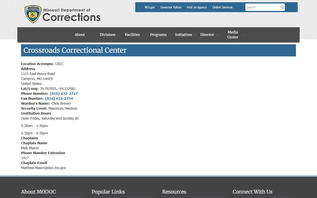 Crossroads Correctional Center Missouri DOC inmate facility page