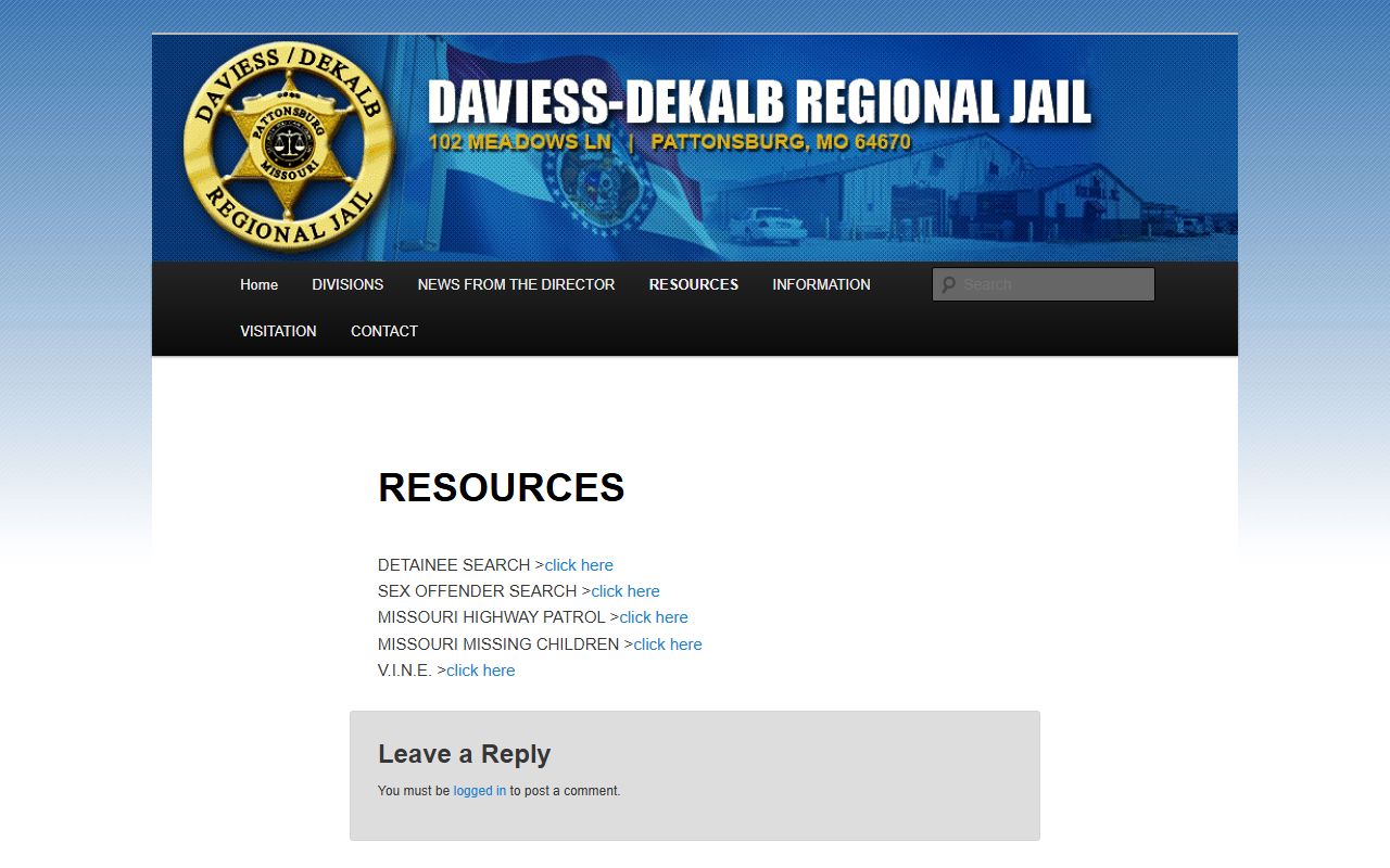 DeKalb County inmate roster resource links on the Daviess DeKalb Regional Jail site