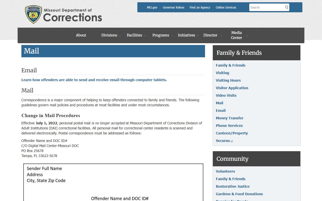 Missouri DOC mail rules for Crossroads Correctional Center inmates